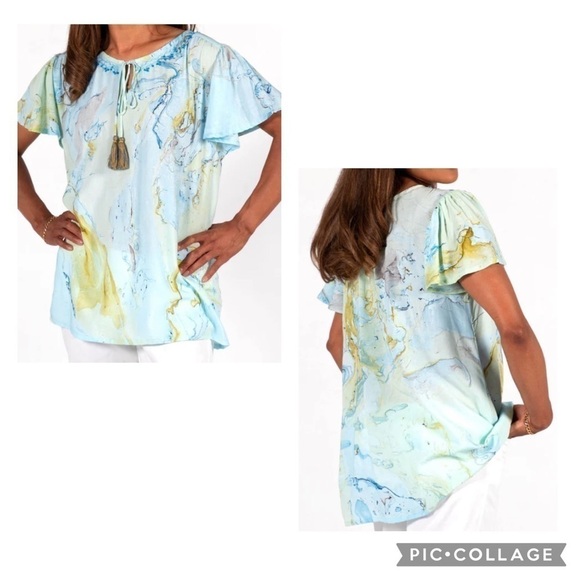 THE GREATER GOOD Women’s Blue Marble SEASHORE BREEZE Flutter Sleeve Tunic Top 1X - Picture 1 of 8